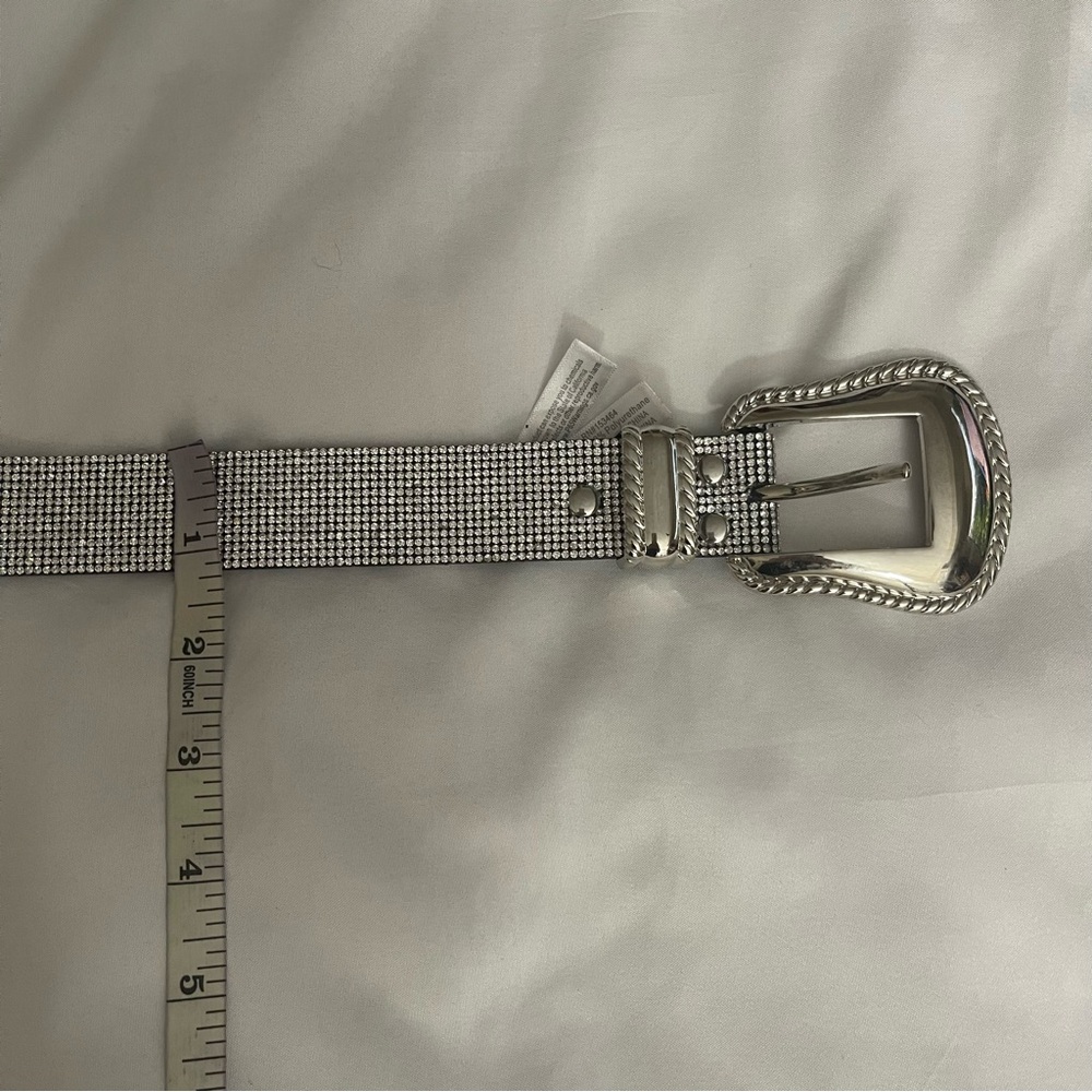 Silver tone double buckle skinny belt with rhinestones details - Picture 6 of 9